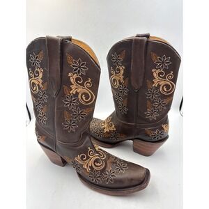 Herencia Crazy Lazer Floral Embroidered Square Square Toe Western Boots  W US 9